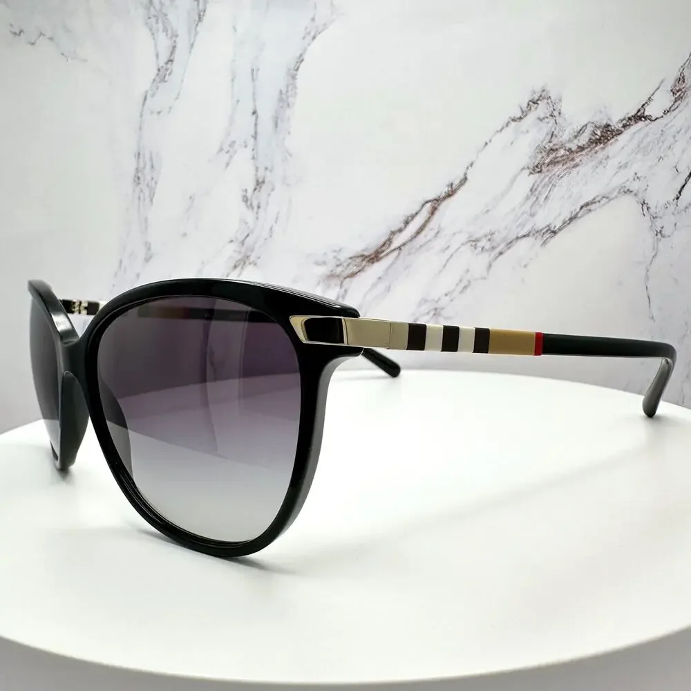 New Burberry Sunglasses Black Cat Eye Check Arms Gold Hardware Womens BURBERRY